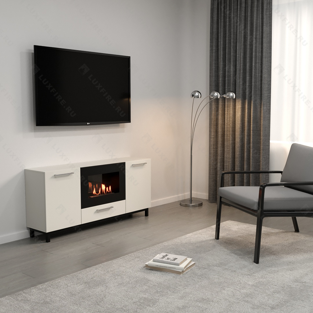 Тумба ТВ Lux Fire "Амур" напольная 1400 матовая, белая с биокамином 600 по цене 82 551 руб.